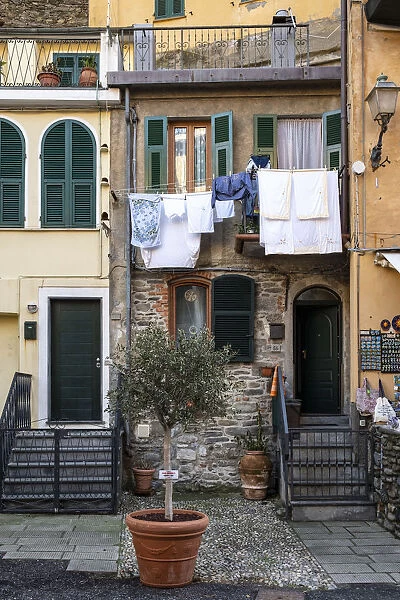 Italy, Cinque Terre, Vernazza, hanging laundry