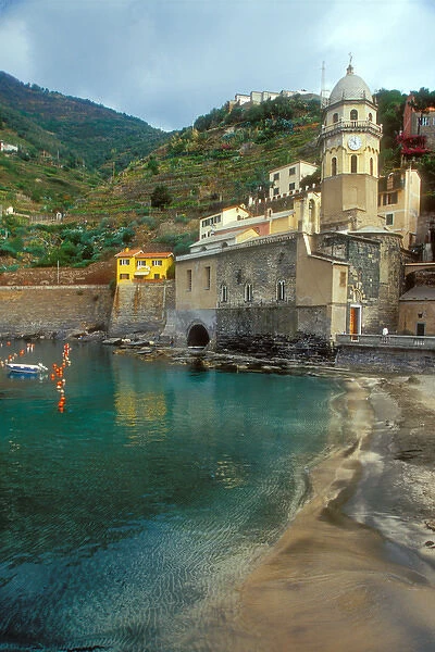 Italy: Cinque Terre, Vernazza, harbor and town seen from breakwater, October