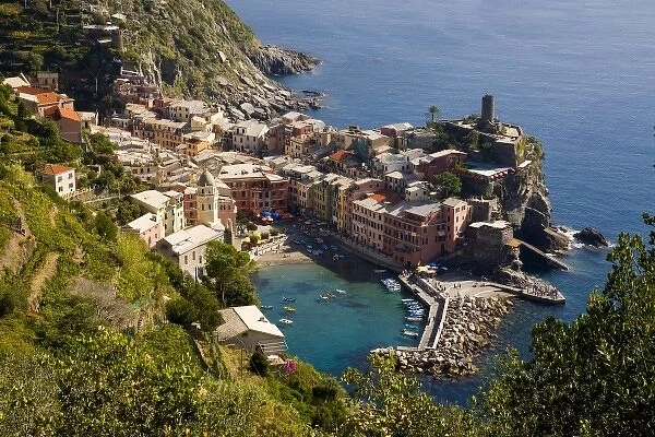 Italy, Cinque Terre, Vernazza. The town seen from above from the hiking trail