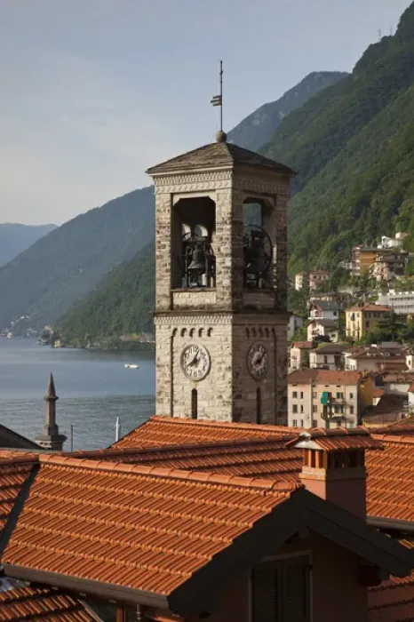 Framed Print : ITALY, Como Province, Argegno. Lake view with town church Framed Print : ITALY, Como Province, Argegno. Lake view with town church
