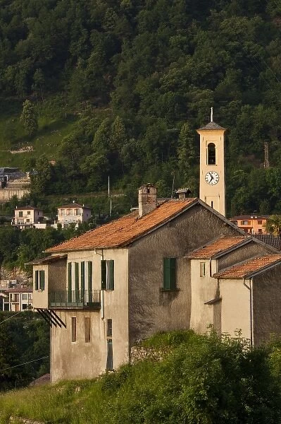 Italy, Como Province, Argegno. Mountainside church, sunrise