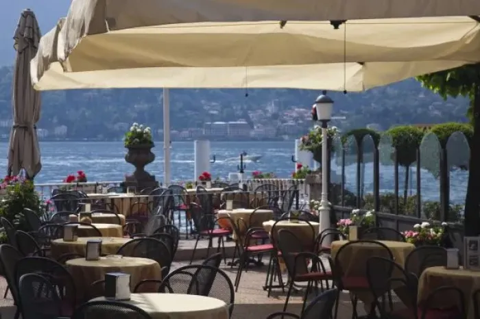 Framed Print : Italy, Como Province, Bellagio. Lakeside cafe