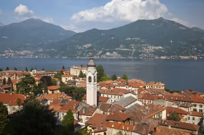 Framed Print : Italy, Como Province, Menaggio. Town view and Chiesa San Stefano church