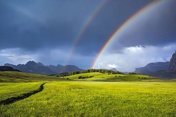 Italy, Dolomites, Alpi di Siusi. Double rainbow over mountain meadow