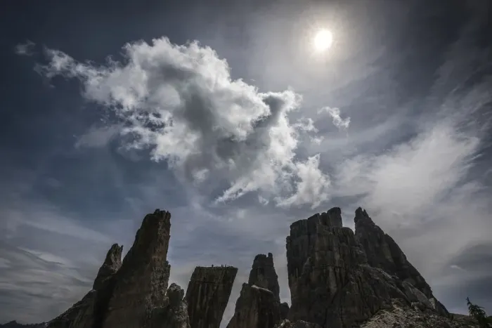 Framed Print : Italy, Dolomites, Cinque Torri. Mountain peaks and sun