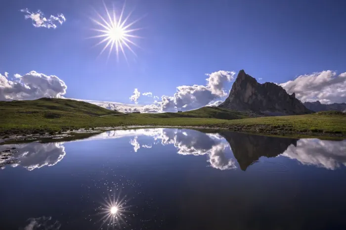Framed Print : Italy, Dolomites, Giau Pass. Sun reflection in mountain tarn Framed Print : Italy, Dolomites, Giau Pass. Sun reflection in mountain tarn