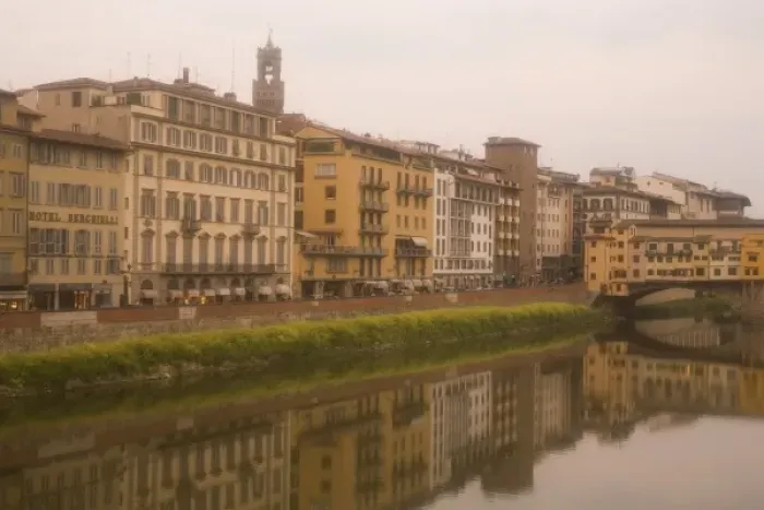 Framed Print : Italy, Florence. Buildings reflect in the Arno River Framed Print : Italy, Florence. Buildings reflect in the Arno River