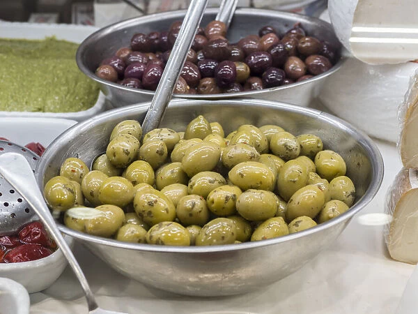 Italy, Florence. Dishes of olives in the Central Market, Mercato Centrale in Florence
