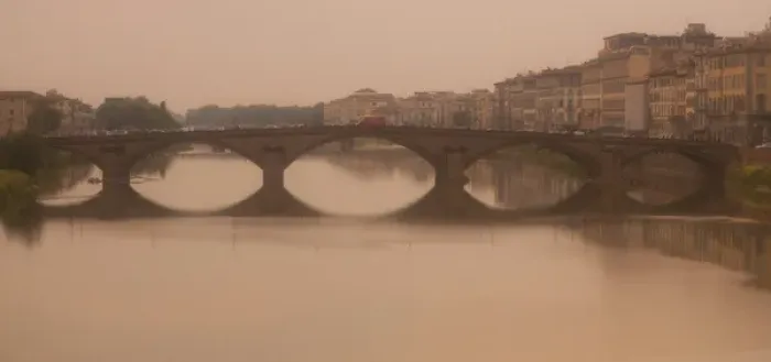 Framed Print : Italy, Florence. A nostalic, foggy view of a bridge over the Arno River