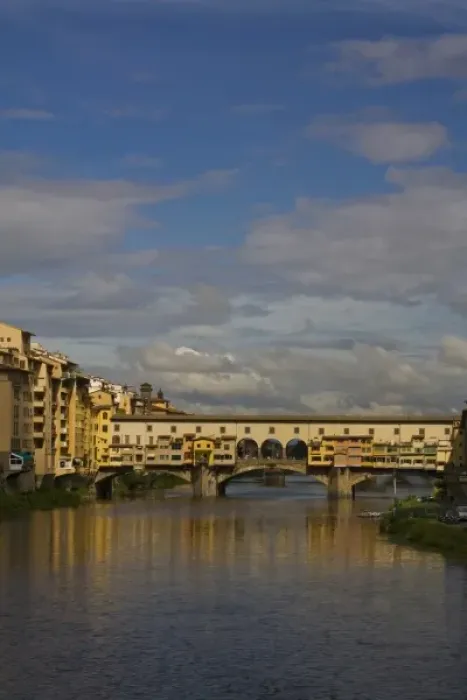 Framed Print : Italy, Florence, Reflections in the River Arno and the Ponte Vecchio Bridge