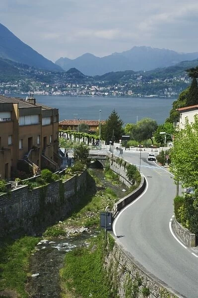 Italy, Lake Como. Road leads to the town of Varenna on the shores of Lake Como
