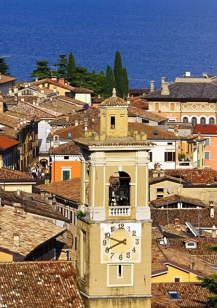 Italy, Lake Garda. The clock tower in the Lake Garda village of Limone