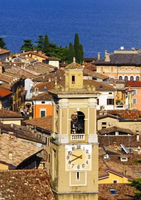 Framed Print : Italy, Lake Garda. The clock tower in the Lake Garda village of Limone