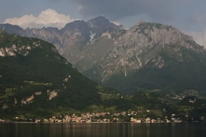 Framed Print : ITALY, Lecco Province, Lierna. Town and mountains of the Grigne Regional Park