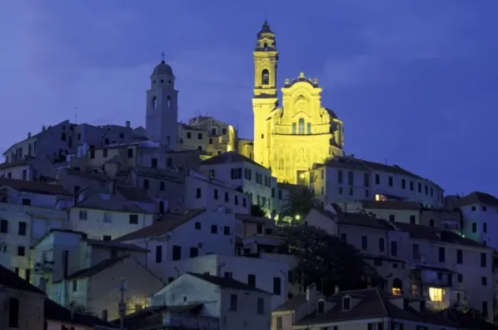 Framed Print : Italy, Liguria, Laigueglia, Riviera di Ponente, Cervo. View of church and town in
