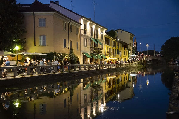 Italy, Lombardy, Milan. Historic Naviglio Grande canal area known for vibrant nightlife