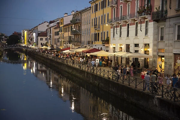 Italy, Lombardy, Milan. Historic Naviglio Grande canal area known for vibrant nightlife