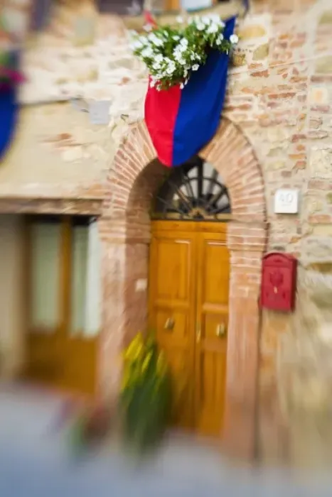 Framed Print : Italy, Lucignano, Selective Focus Flower Boxes and May Celibration Flags Framed Print : Italy, Lucignano, Selective Focus Flower Boxes and May Celibration Flags
