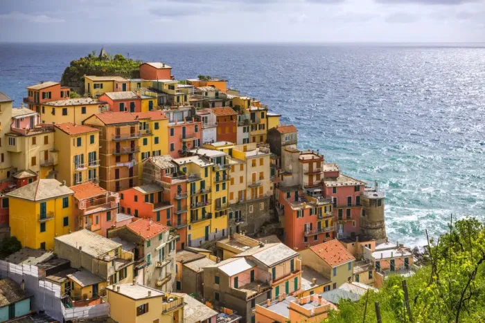Framed Print : Italy, Manarola. Overview of coastal village and sea