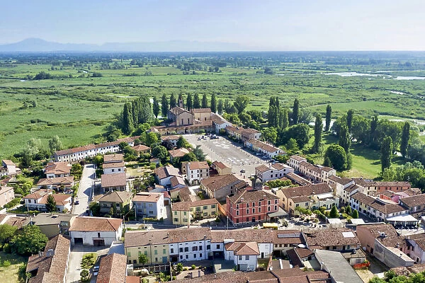 Italy, Mantova, Le Grazie village, Basilica and square, Mincio river valley in the