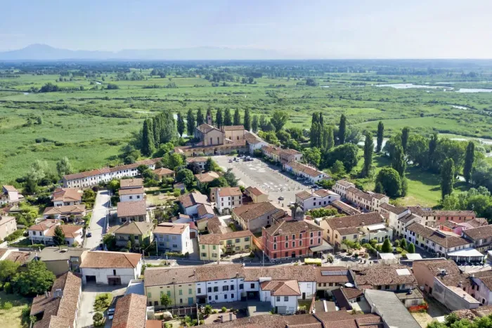 Framed Print : Italy, Mantova, Le Grazie village, Basilica and square, Mincio river valley in Framed Print : Italy, Mantova, Le Grazie village, Basilica and square, Mincio river valley in