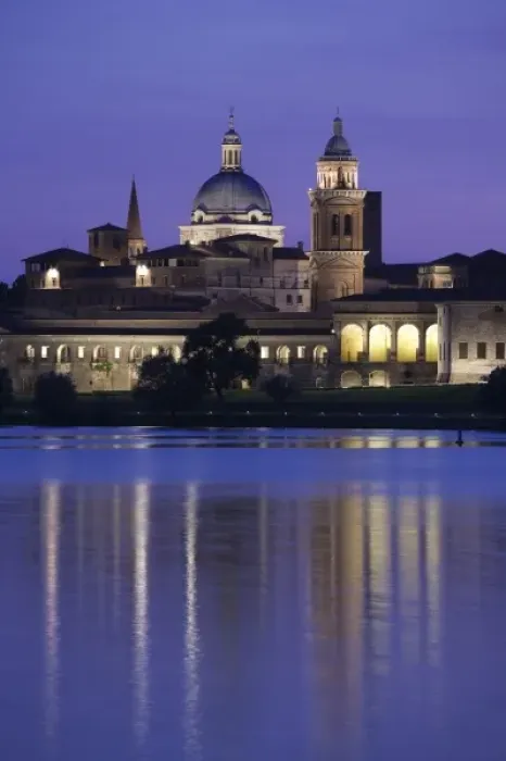Framed Print : Italy, Mantua Province, Mantua. Town view and Palazzo Ducale from Lago Inferiore, dusk