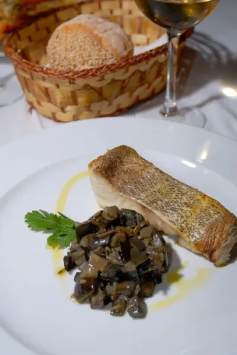 Framed Print : 04. Italy, Milan, elegant dinner of Grouper and eggplant Framed Print : 04. Italy, Milan, elegant dinner of Grouper and eggplant