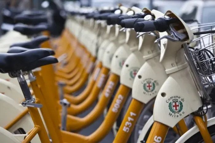 Framed Print : Italy, Milan Province, Milan. BikeMi public rental bicycles Framed Print : Italy, Milan Province, Milan. BikeMi public rental bicycles