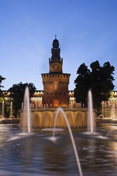 ITALY, Milan Province, Milan. Castello Sforzesco and Piazza Castello fountain, evening