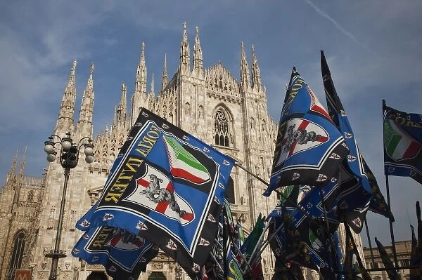 Italy, Milan Province, Milan. Milan Cathedral and soccer team flags