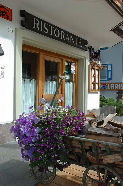 04. Italy, Moena, restaurant flowers in alpine village (Editorial Usage Only)