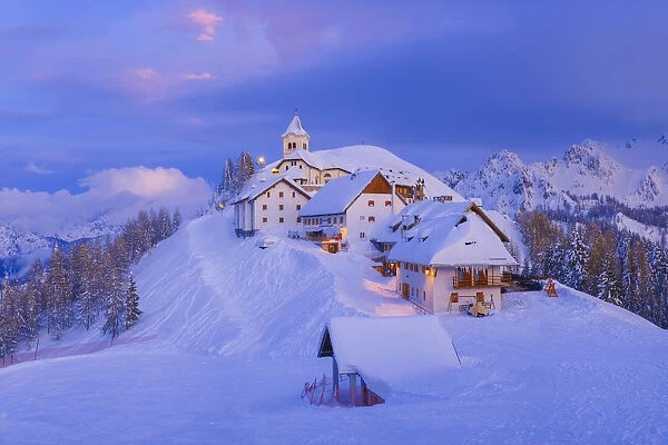 Italy, Monte Lussari. Winter night at ski resort