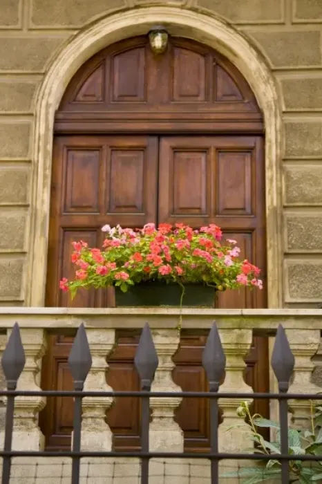 Framed Print : Italy, Parma. A pot of pink flowers decorates the railing in front of a wooden door
