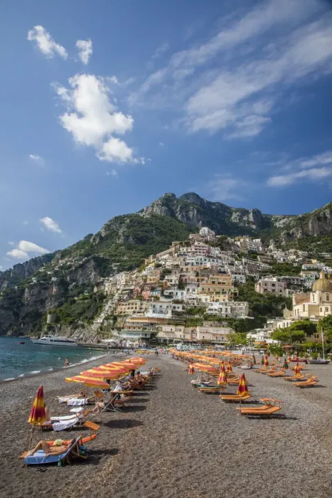 Framed Print : Italy, Positano. Beautiful Beach of the Town of Positano with sunbathers Framed Print : Italy, Positano. Beautiful Beach of the Town of Positano with sunbathers