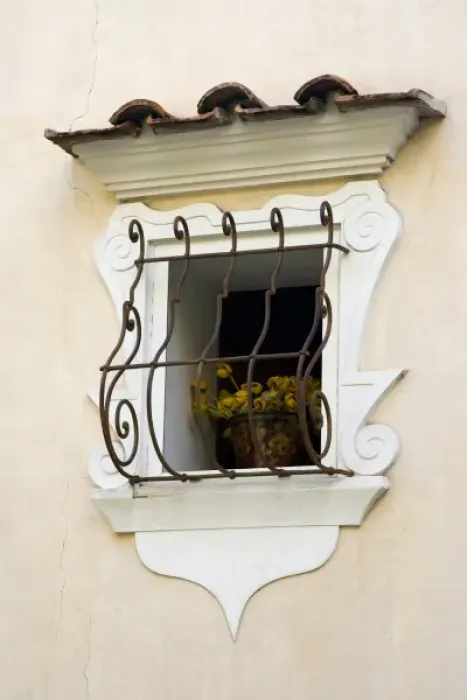 Framed Print : Italy, Positano. Flowering plant in decorative window of a home Framed Print : Italy, Positano. Flowering plant in decorative window of a home