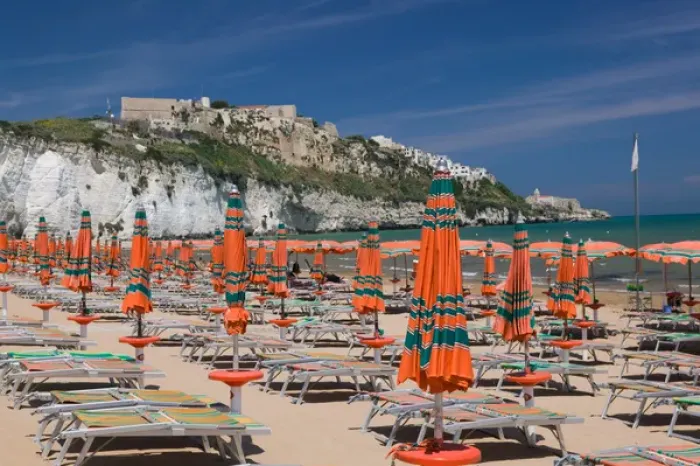 Framed Print : Italy, Puglia, Promontorio del Gargano, Vieste, Spiaggia del Castello Beach & Town