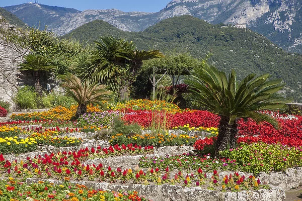 Italy, Ravello. Flower garden of Villa Rufolo over looking the Amalfi Coast and the Gulf of Salerno