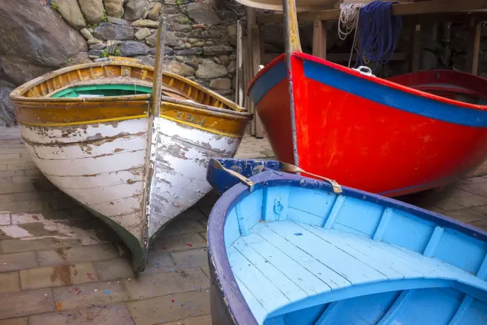 Framed Print : Italy, Riomaggiore. Colorful fishing boats