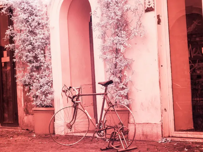 Framed Print : Italy, Rome. Infrared of bicycle in the Trastevere area of Rome