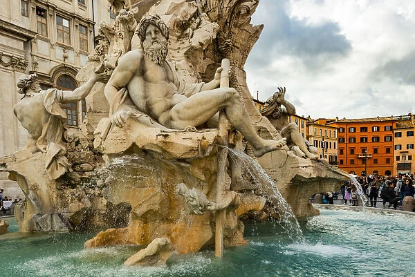 Italy, Rome. Piazza Navona, Fountain of the Four Rivers (Fontana dei Quattro Fiumi)