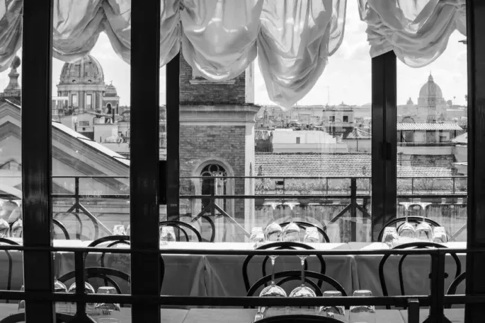 Framed Print : Italy, Rome. Scene of skyline and St. Peters dome from restaurant on Viale della Framed Print : Italy, Rome. Scene of skyline and St. Peters dome from restaurant on Viale della