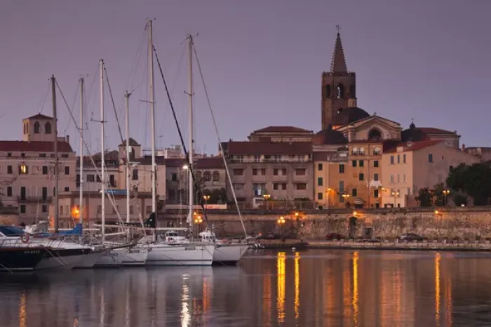 Framed Print : ITALY, Sardinia, Alghero. City walls from the yacht marina, sunrise Framed Print : ITALY, Sardinia, Alghero. City walls from the yacht marina, sunrise