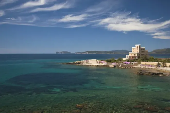 Framed Print : ITALY, Sardinia, Alghero. Rada di Alghero bay and Villa Las Tronas hotel