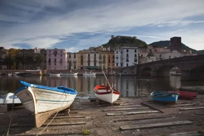 Framed Print : Italy, Sardinia, Bosa. Temo River and Ponte Vecchio bridge
