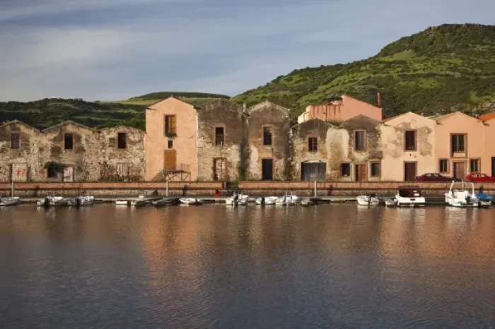 Framed Print : Italy, Sardinia, Bosa. Temo River and Sas Conzas former tanneries, dawn Framed Print : Italy, Sardinia, Bosa. Temo River and Sas Conzas former tanneries, dawn