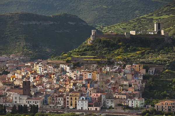 ITALY, Sardinia, Bosa. Town view with Castello Malaspina, late afternoon