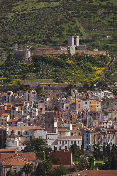 ITALY, Sardinia, Bosa. Town view with Castello Malaspina, mid-morning