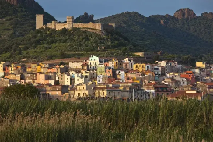 Framed Print : ITALY, Sardinia, Bosa. Town view with Castello Malaspina, sunset Framed Print : ITALY, Sardinia, Bosa. Town view with Castello Malaspina, sunset