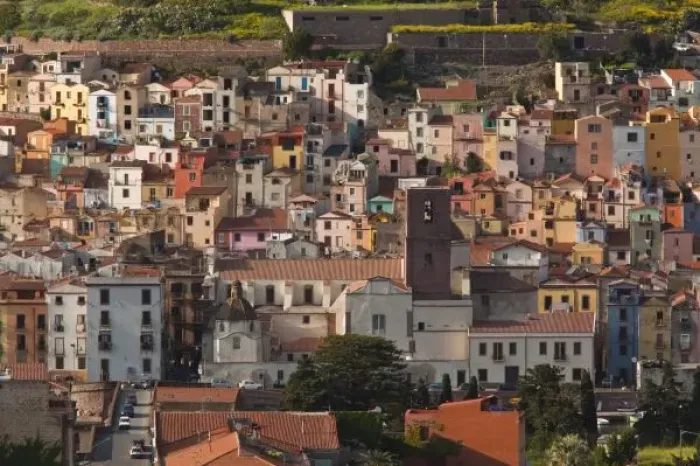 Framed Print : Italy, Sardinia, Bosa. Town view with Castello Malaspina, late afternoon