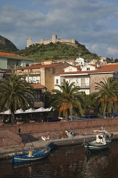 Italy, Sardinia, Bosa. Town view along Temo River and Castello Malaspina